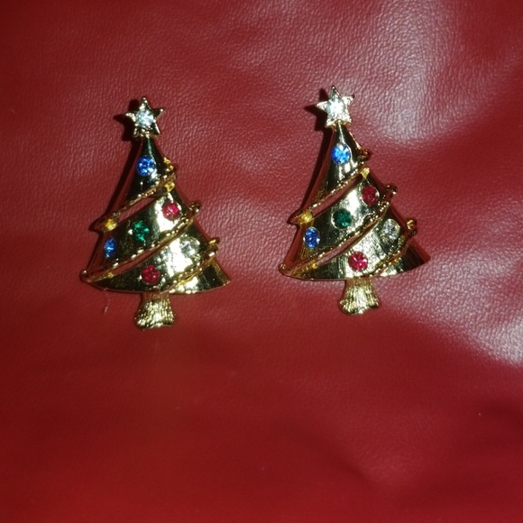 Goldtone Rhinestone Accent Christmas Tree Earrings - Picture 3 of 6